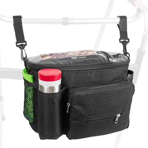 Shouken Large Walker Bag with Water Cup Holder,Walker Basket,Foldable Walker Storage Bag,Side Walker Bag,Walker Side Access Bag Organizer Pouch Tote,Scooters or Rollator Walkers (Black)