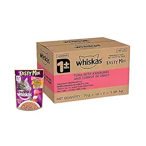 Whiskas Tasty Mix Wet Food for Adult Cats (1+ year), Made With Real Fish, Tuna With Kanikama And Carrot in Gravy Flavour, 24 Pouches (24 x 70g)