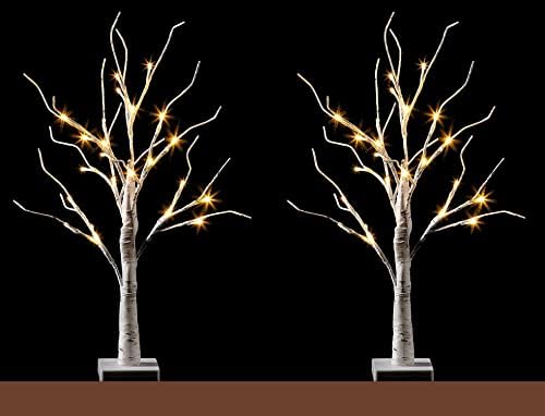 2x 60cm Lighted Christmas Tree Battery Operated Mini Birch Twig Tree Ornament with 24 Warm White LEDs for Christmas Home Party, White