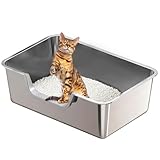 Tondid Stainless Steel Cat Litter Box, Steel Litter Pan with Curved Low Entry, Leak Proof 6 Inch High Side for Urine, Easy Entry for Kittens Older Cats, No Slip, 17.7' x 13.8' x 6', Silver