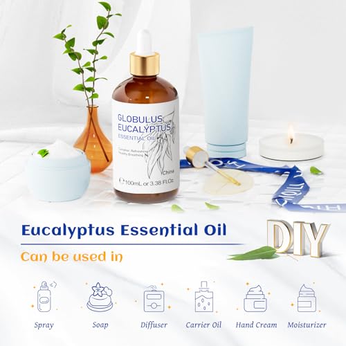 Image of HIQILI 100ML Eucalyptus Essential Oil for Spray, Diffuser & Skin, 100% Pure Undiluted - 3.38 Fl Oz