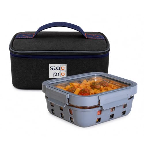 Image of 1 Large Lunch Box Combo with Insulated Lunch Bag | Leakproof Borosilicate Tiffin Container with Silicon Gasket and Sleeves | Perfect for Office Lunch, School & Travel (Glacier Blue)