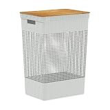 Ou Cesto de Roupas com Tampa de Bambu 49L Branco Oceano Linha Grid