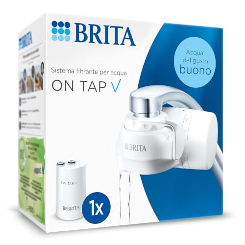 BRITA ON TAP V incl. 1 x filtro acqua rubinetto V (4 mesi) - riduce cloro, PFAS, piccole particelle e metalli - indicatore durata filtro manuale