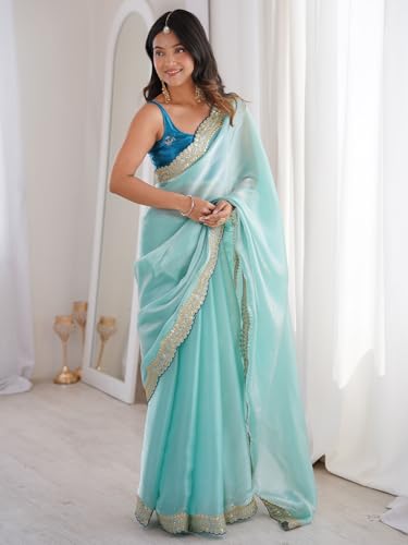 Image of AKHILAM Women's Shimmer Satin Sequence Embroidery Work Border Saree With Unstitched Blouse Piece