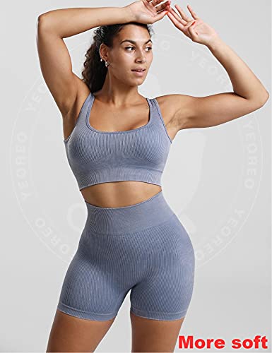 Yeoreo Women 2 Pieces Workout Set High Waist Seamless Yoga Outfit Ribbed Sports Bra Shorts V Neck Sleeveless Activewear Blue M #TOP1