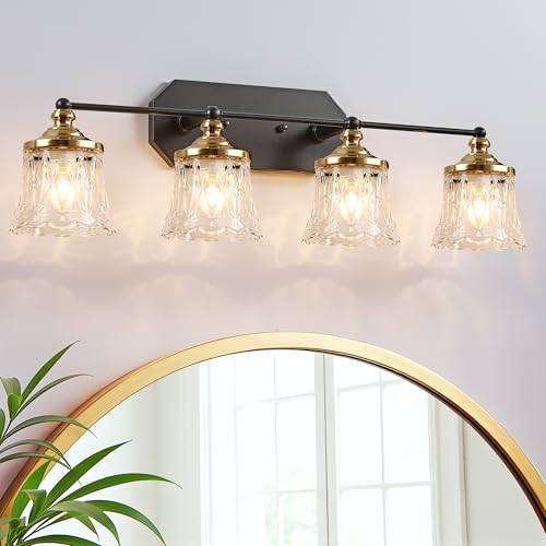 Vintage Bathroom Vanity Light Fixtures, Black and Gold 4-Light Vanity
