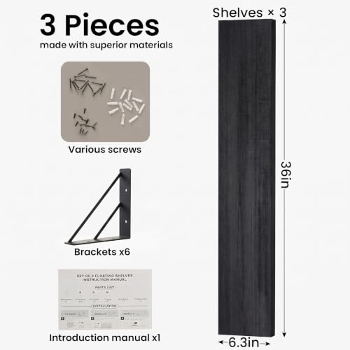 Image of BAYKA Wall Mounted Floating Shelves, Wood Floating Wall Shelf for Books & Decor, Small Space-Saving Display & Organizer(Black,36in,Set of 3)