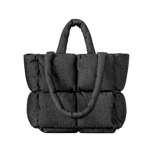 Puffer Denim Tote Bag, Trendy Luxury Chic Quilted Large Padded Designer Handbags for Women Winter Soft Shoulder Bag