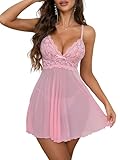 Rigeri Pink Babydoll Lingerie for Women Sexy Lace Trim Sleep Dress See Through Baby Doll Slit Nightgown Womens Lingerie Pink Lace Dress Lingerie For Women Light Pink M