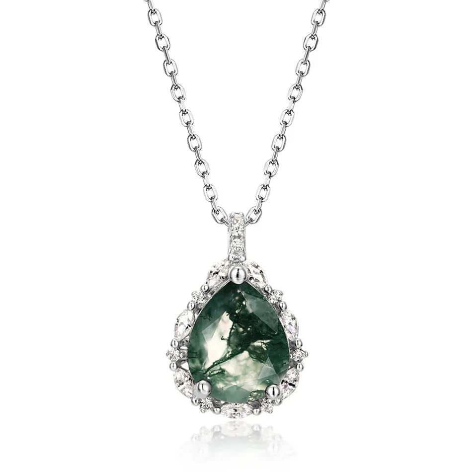 Collier en argent sterling 925 et agate de mousse naturelle pour femme