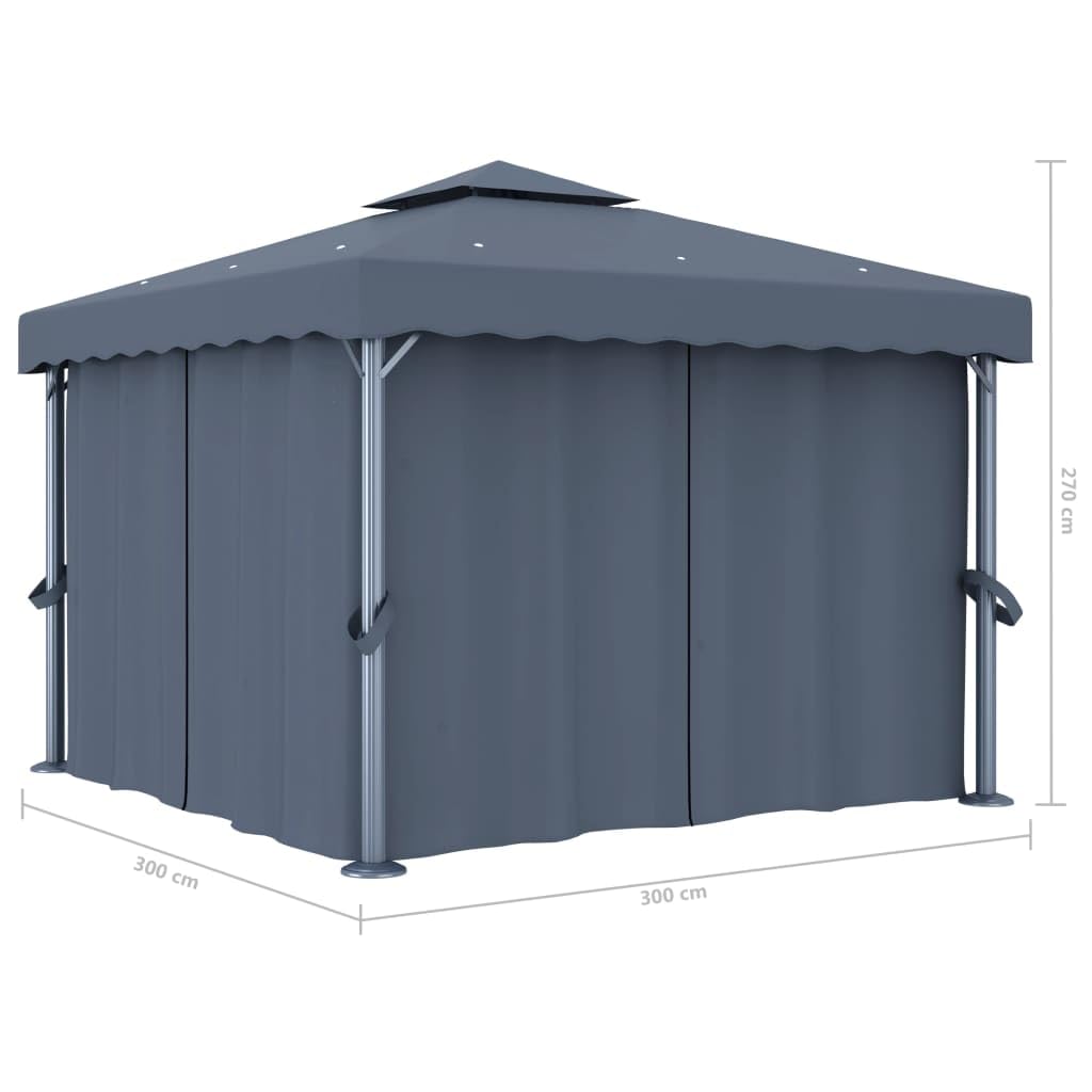 vidaXL Altana z zasłonami i sznurem lampek LED, 3x3 m, antracytowa