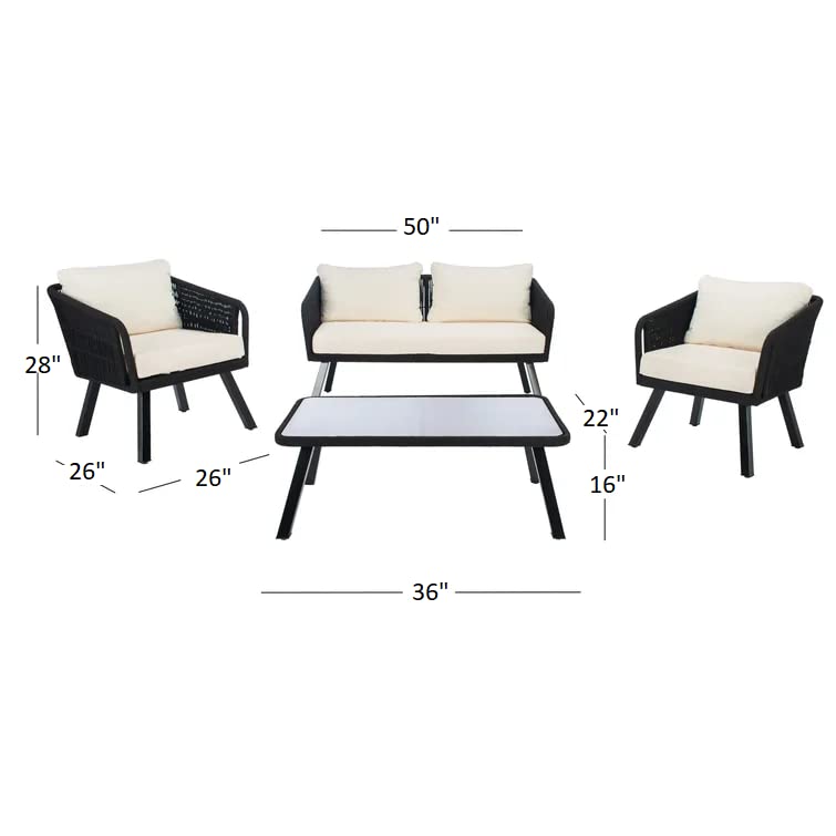 Image of DEVOKO 4 Seater Sofa Outdoor Indoor Conversation Patio Rope Furniture Set with Cushion and Center Table for Garden, Bacony, Poolside (Black & Offwhite)