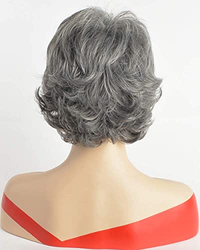 Sevencolors Short Grey Wigs For White Women Mixed Silver Curly Wavy Wigs With White Bangs Grandma Synthetic Short Gray Hair Pixie Wigs #TOP7