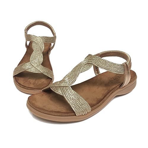 Wonafa Sandales plates d'été bohème à bout ouvert pour femme, or, 38 EU