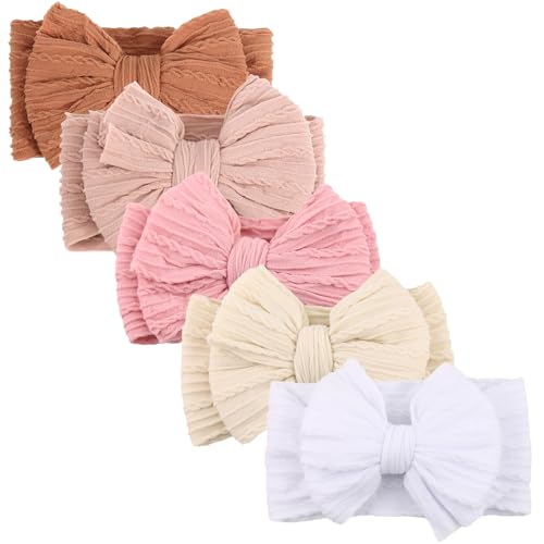 Image of DRESHOW BQUBO Handmade Baby Headbands Soft & Stretchy Hair Bands with Bows Nylon Bows Hairbands for Girls Newborn Infant Toddlers Hair Accessories 5 pack