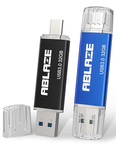 ABLAZE Paquete de 2 unidades flash USB C de 32 GB, doble USB 3.0 + unidad flash tipo C para iPhone 15, smartphone Android, computadora, tableta, Mac, portátil (paquete de 2)
