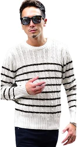 Amazon Joker Select ジョーカーセレクト ケーブルニット クルーネック セーター メンズ ボーダーニット 無地ニット 細め L ホワイト ネイビーb 細ボーダー9 セーター 通販