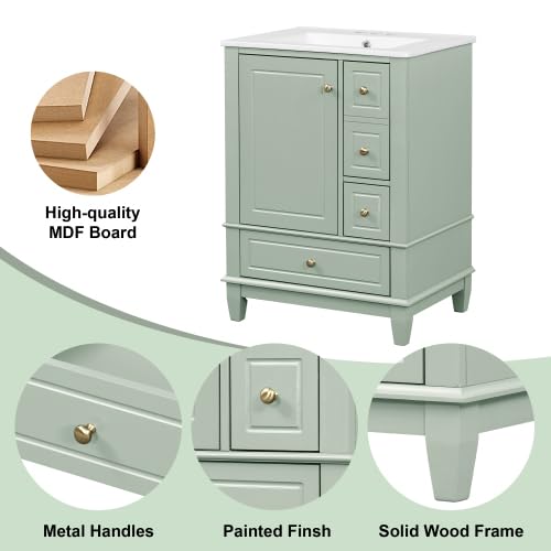 Image of Bellemave Bathroom Vanity with Ceramic Sink & 3 Drawers, 24 inch Bathroom Cabinet with Storage Shelves & Solid Wood Base, Freestanding Vanity Cabinet with Organizer (Light Green /24)
