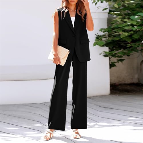 Casual Business Outfits For Women 2 Piece Sets Sleeveless Suit Vest And Wide Leg Pants Trendy Summer Blazer Sets4