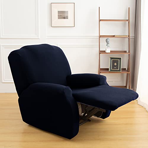 Stretch Recliner Chair Cover,4 Pieces Sofa Cover Slipcover Couch Covers,Armchair Cover Non-Slip Furniture Protector,Elastic Spandex Soft Recliner Chair Protector with Side Pocket(1 Seater Navy Blue)