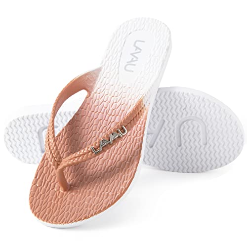 LAVAU Women Waterproof Flip Flops, Shower & Water No-Slip Sandals for Pool and Beach 9 Tan/White