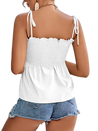 Lyaner Women's Tie Shoulder Frill Shirred Ruffle Hem Sleeveless Strappy Solid Cami Blouse Peplum Top White Small #TOP1
