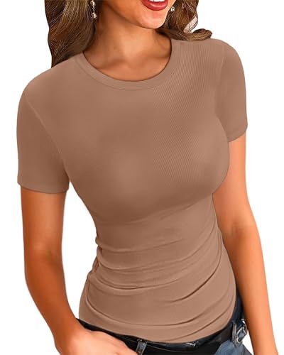 VICHYIE Summer Short Sleeve Shirts for Women Round Neck Top Ribbed Slim Fitted Tee Casual Crewneck Basic Blouses Tshirts Khaki M