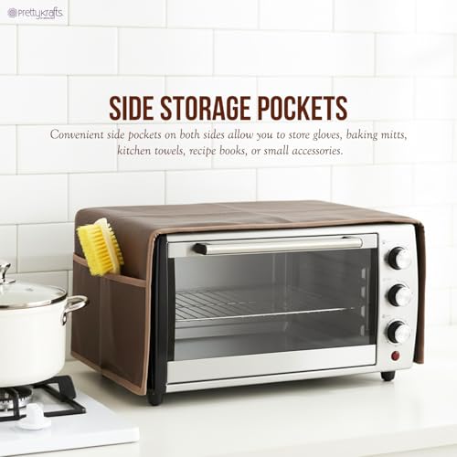Image of PrettyKrafts Microwave Oven Top Cover with 4 Utility Pockets | Non-Woven Fabric Dustproof & Decorative Microwave Cover | Kitchen Appliance Protector (Brown, Free Size)