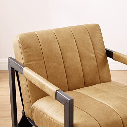 Art Leon Genuine Leather Accent Chair, Mid Century Modern Arm Chair With Black Metal Frame, Single Sofa Chair For Living Room Bedroom, Light Brown #TOP7