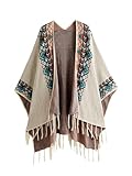 BEAUDRM Women's Graphic Fringe Shawl Tassel Ponchos Cape Boho Oversized Western Cardigan Sweater Beige One Size