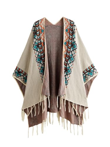 BEAUDRM Women's Graphic Fringe Shawl Tassel Ponchos Cape Boho Oversized Western Cardigan Sweater Beige One Size