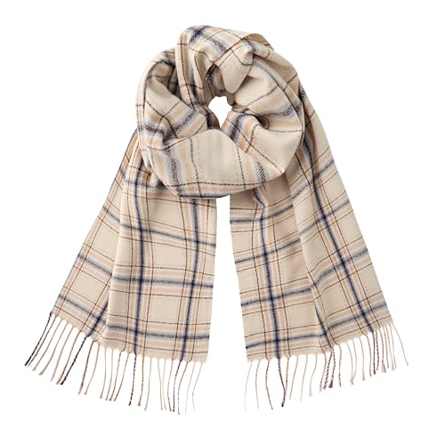 CALVIN & OLIVIA Lightweight Ultra-Soft Scarf - Perfect Holiday Gift for Men & Women - Beige Blue Plaid Tassel Scarf with Camel Accents