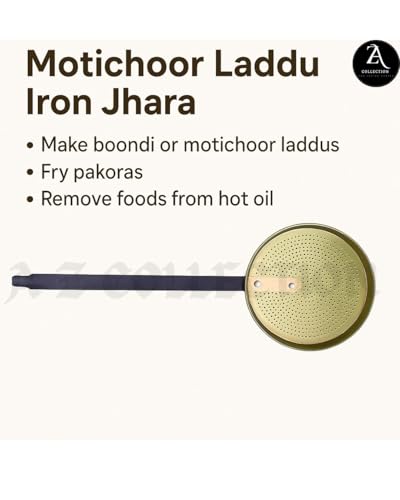 Image of A Z COLECTION Motichoor Laddu Iron Jhara, Perforated Strainer with Long Handle for Indian Sweets, Commercial and Home Use, Boondi Jhara with Long Handle Pack of 1 ((Hole Size:. 5 Number))
