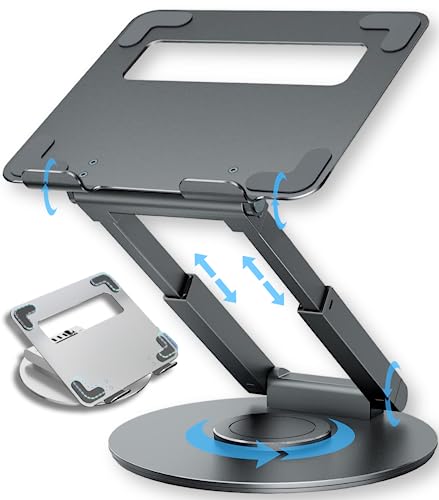 Swivel Laptop Stand, Adjustable & Foldable - Ergonomic Height Adjustable MacBook Riser, iPad Desk Accessories - Aluminium Rotating Computer Holder for Gaming, Home Office