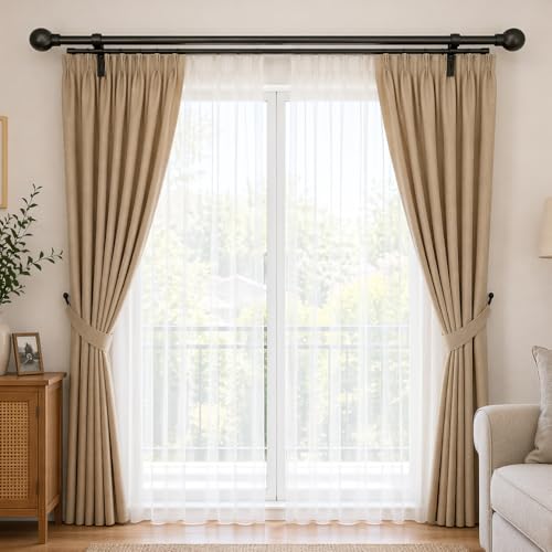Image of 48 inch-88 inch Adjustable Double Curtain Rod For Door & Windows With Brackets Set Curtains Hanging Extendable Iron Metal Pipe Holder With Ross Grey Metal Finial (Black, 0.78 inch Diameter)