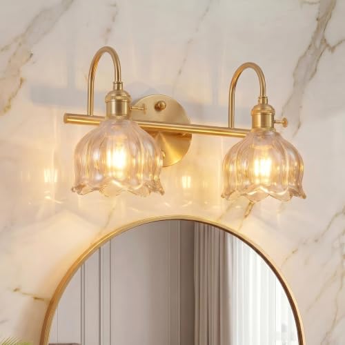 Image of Bathroom Light Fixtures, 3-Light Brass Vanity Wall Light with Amber Tulip Glass Shades, Vintage Wall Sconce Over Mirror for Bathroom, Bedroom, Living Room (Bulbs Not Included) (Amber, 2-Light)