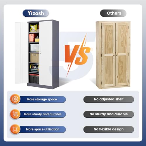 Image of Yizosh Metal Storage Cabinet with 2 Locking Doors and 5 Adjustable Shelves, 72 inch Garage Storage Cabinet Steel Lockable for Office,Home,Garage