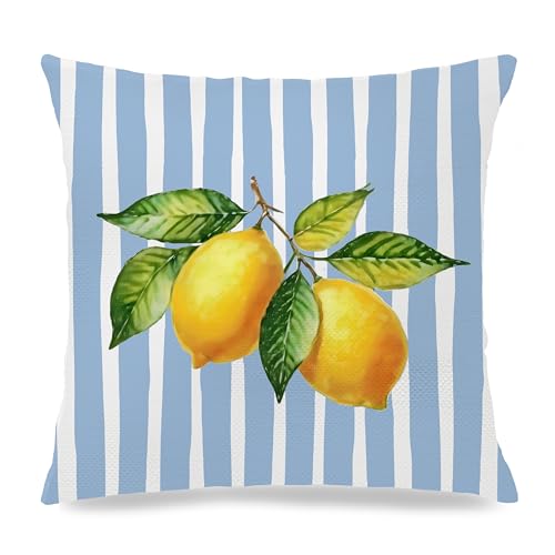 Image of Blue and Yellow Summer Italian Mediterranean Amalfi Coast Lemon Pillow Cover Decor 18x18,Italian Striped Decorative Throw Pillow Cover Decor for Couch Double-Sided