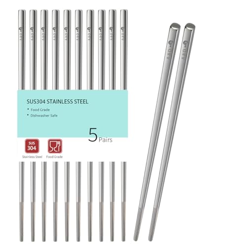 Q&A Bacchette Sushi in acciaio inox da 23,5 cm, lavabili in lavastoviglie, realizzate in acciaio inossidabile per uso alimentare, 5 paia