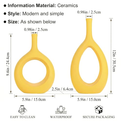 Yellow Ceramic Hollow Elliptical Vase Set of 2 - Boho Circle Vase with Hole, for Modern Yellow Table Decor, Living Room Decor Shelf mid Century Modern Home Entrance Decorative vase by LCCCK - Used condition - Image 2