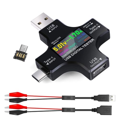 USB Tester 2-in-1 USB Tester Messgerät & USB Messgerät mit Präzisions-Farbdisplay Spannungs, Strom, Leistungs, Temperatur Kapazitätsmessung für...