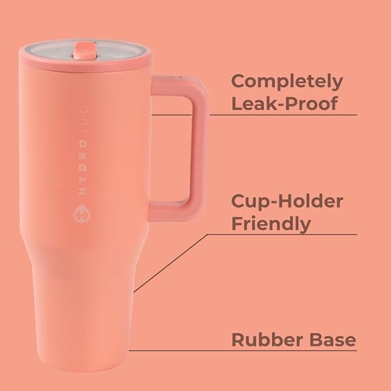 HydroJug Traveler - 40 oz Water Bottle with Handle & Flip Straw - Fits in Cup Holder, Leak Resistant Tumbler-Reusable Insulated Stainless Steel & Rubber Base - Gifts for Women & Men, Summer Peach
