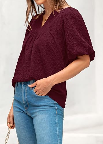 MASCOMODA Womens Summer Tops 2025 Ruffle V Neck Blouses Loose Puff Short Sleeve Jacquard Babydoll Tops Casual Dressy T-Shirts3