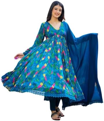 Georgette Lace Work Printed flared Kurta Pant With Dupatta Set