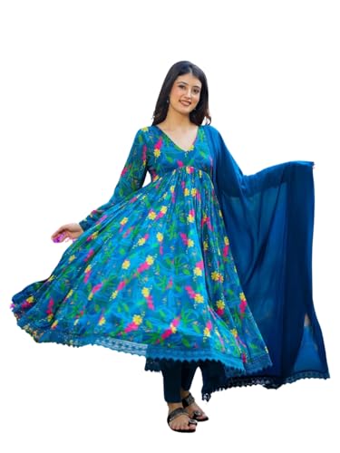 Georgette Lace Work Printed flared Kurta Pant With Dupatta Set