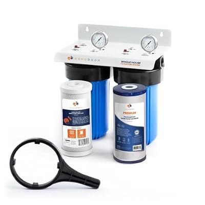 Aquaboon 2-Stage Whole House Water Filter System with 5 Micron 10x4.5 Anti-Scale Reducing Sediment Water Purification and Carbon Chlorine Reduction Filter, Pressure Gauges, Wrench, Bracket
