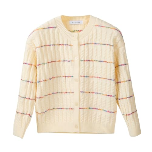 Image of Girls Cardigan Sweater Button Up Long Sleeves Cable Knit Sweater Colorful Striped Knitted Top