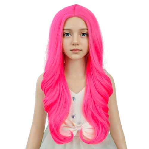 Image of Neon Pink Wig Long Hot Pink Middle Part Wig Long Wavy Curly Wigs Heat Resistant Synthetic Wigs for Daily Party Use