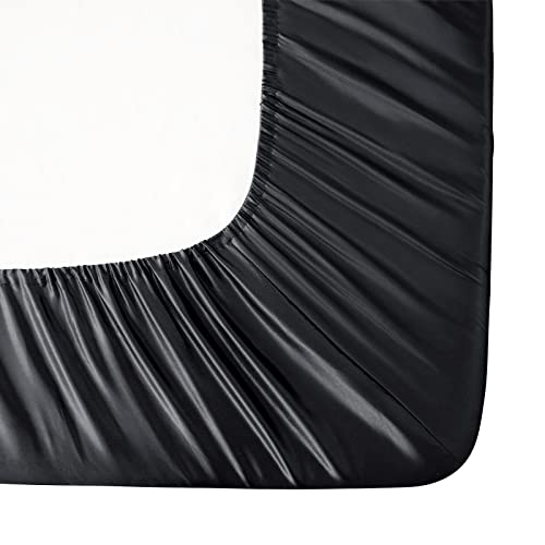 Image of Ersmak Satin Fitted Sheet Only, Luxury Silky King Fitted Sheet Ultra Soft Deep Pocket Bottom Sheet, Wrinkle & Fade Resistant - Black